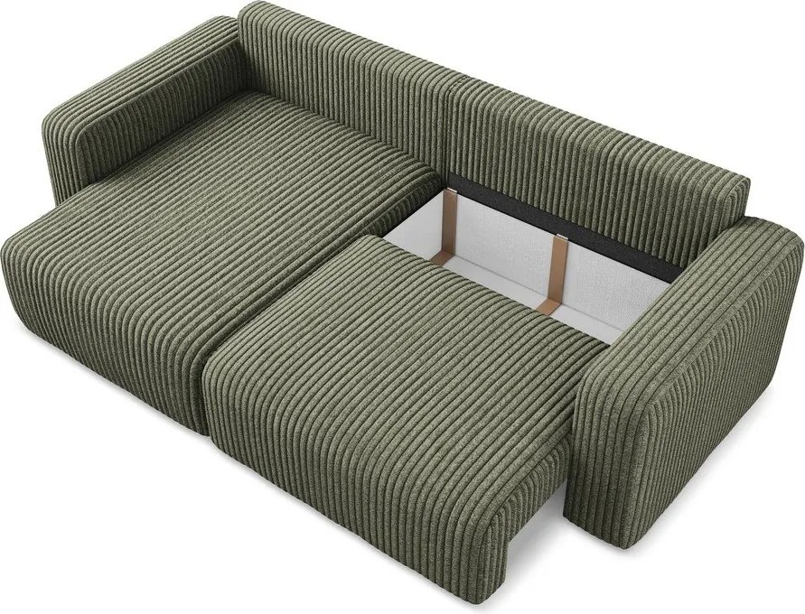 Colțar verde extensibil/cu spațiu de depozitare cu tapițerie din catifea reiată (cu colț pe partea stângă/cu șezlong) Kona – Makamii