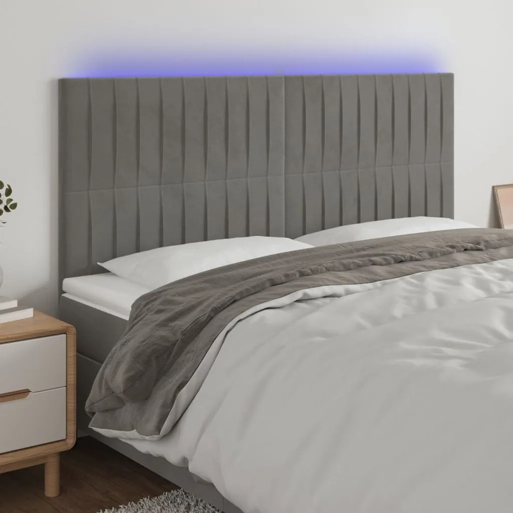 vidaXL Tăblie de pat cu LED, gri deschis, 200x5x118/128 cm, catifea