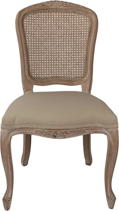 Scaun dining tapițat shabby chic din lemn, ratan și stofă, bej, cu spătar cannage și picioare cambrate sculptate, 95 x 52 x 49 cm, „Fleurette”