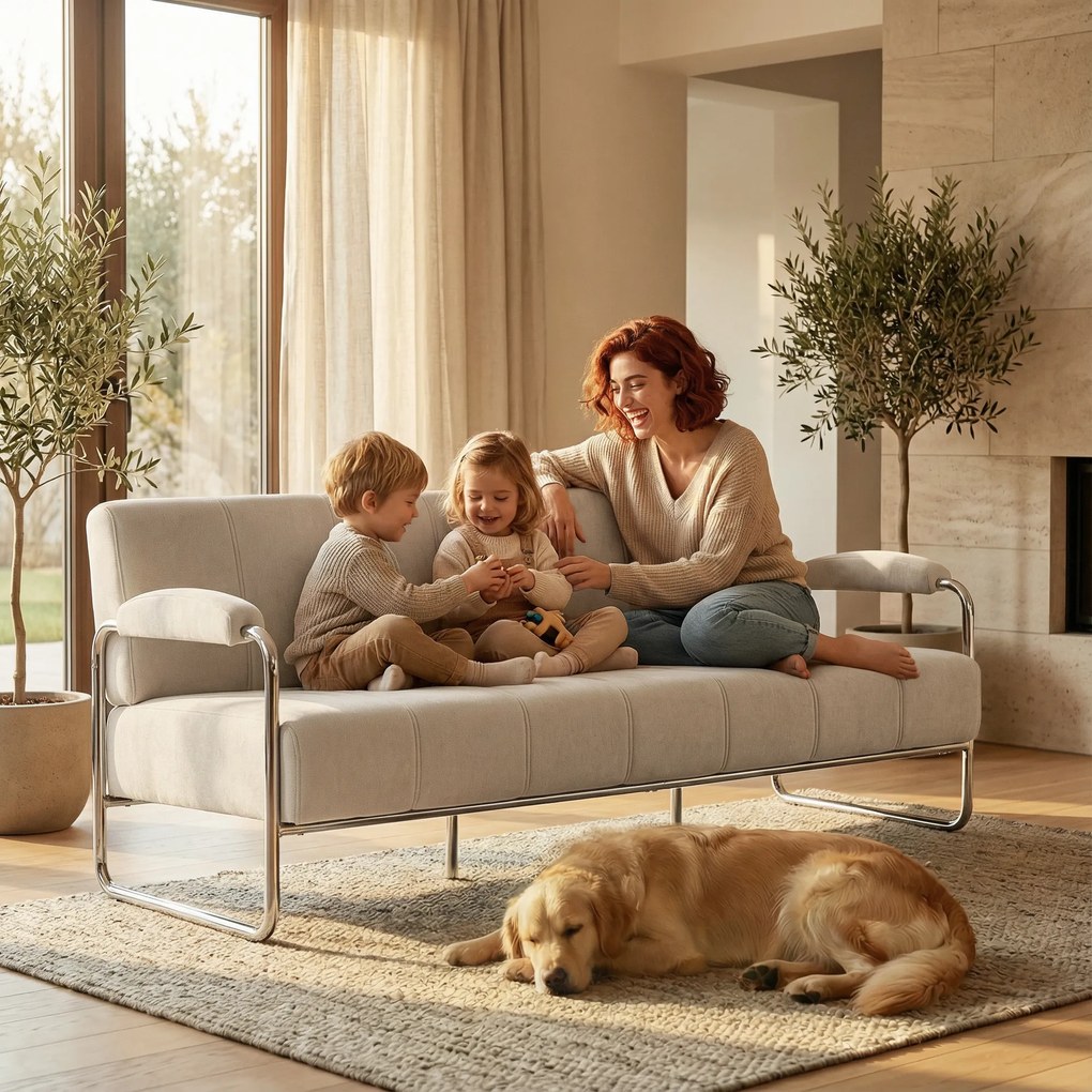 HOMCOM Canapea 3 Locuri Tapițată cu Chenille și Cusături Duble, Canapea Modernă cu Brațe și Picioare din Oțel, pentru Living, Birou și Dormitor, 174x75x76 cm, Bej | Aosom Romania