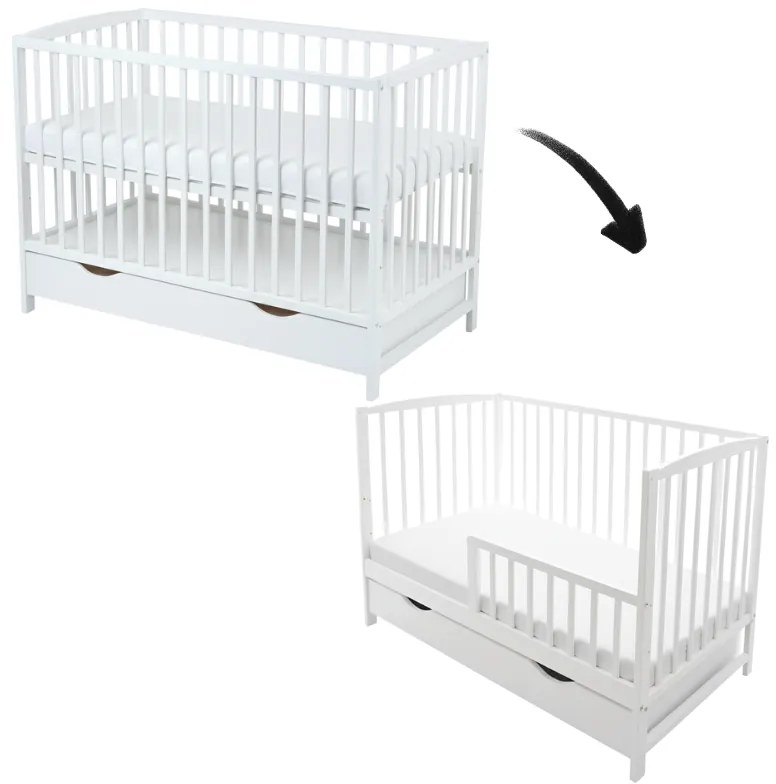 Patut din lemn masiv cu sertar, capac si bariera 120x60 cm Kidizi Orella alb,reglabil pe 3 nivele, certificat EN71