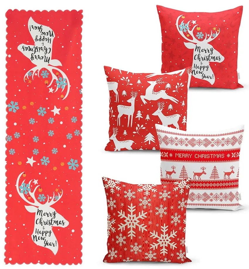 Set 4 fețe de pernă și un napron de masă cu model de Crăciun Minimalist Cushion Covers Joy