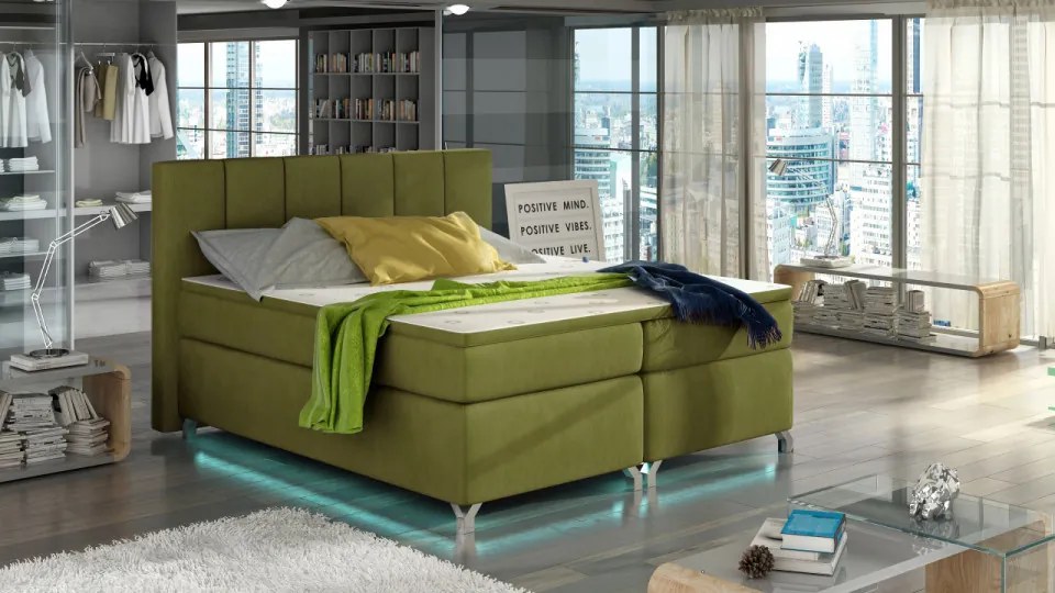 Pat tapitat boxspring, cu spatiu pentru depozitare, echipat cu LED, 180X200 cm, Basilio 2, Eltap (Culoare: Verde deschis)