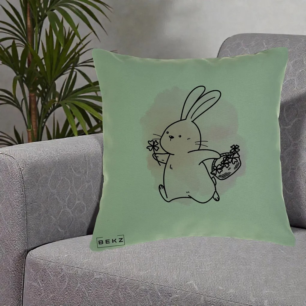 Perna Decorativa Iepuras Kawaii cu Cosulet Floral, 40x40 cm, Verde, Husa Detasabila, Perna Inclusa, BEKZ®