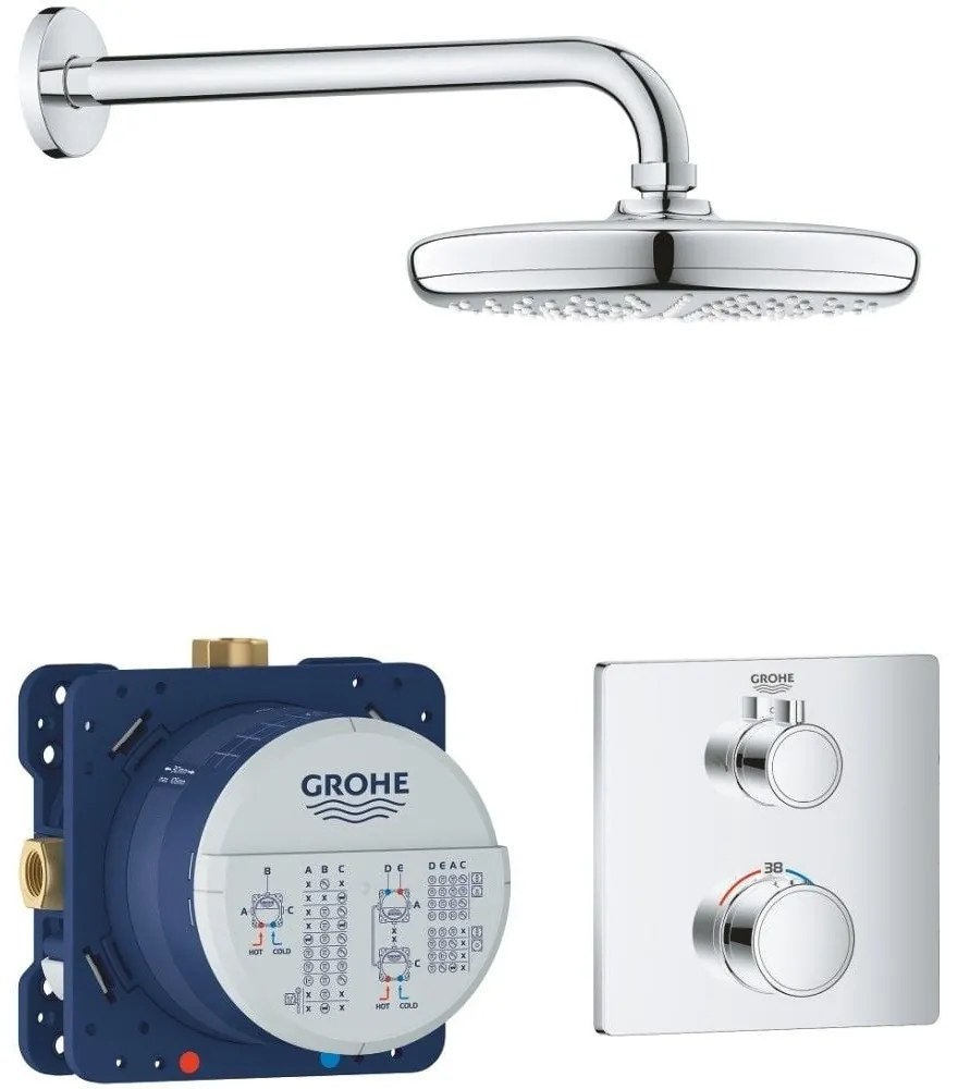 Sistem dus incastrat cu termostat Grohe Grohtherm Perfect Tempesta 210, fara para dus de mana, baterie patrata