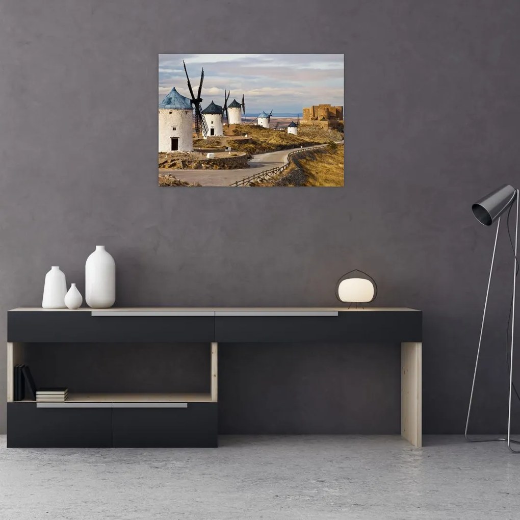 Tablou pe sticlă - Morile de vânt din Consuegra, Spania (70x50 cm)