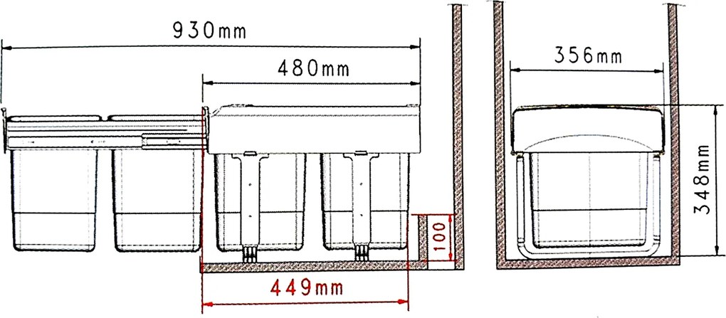 Cos gunoi incorporabil Ecomax Mega 40, cu extragere totala, colectare selectiva, gri antracit, 1 x 15 l + 2 x 7 l Polipropilena, L:356 mm; A:480 mm;