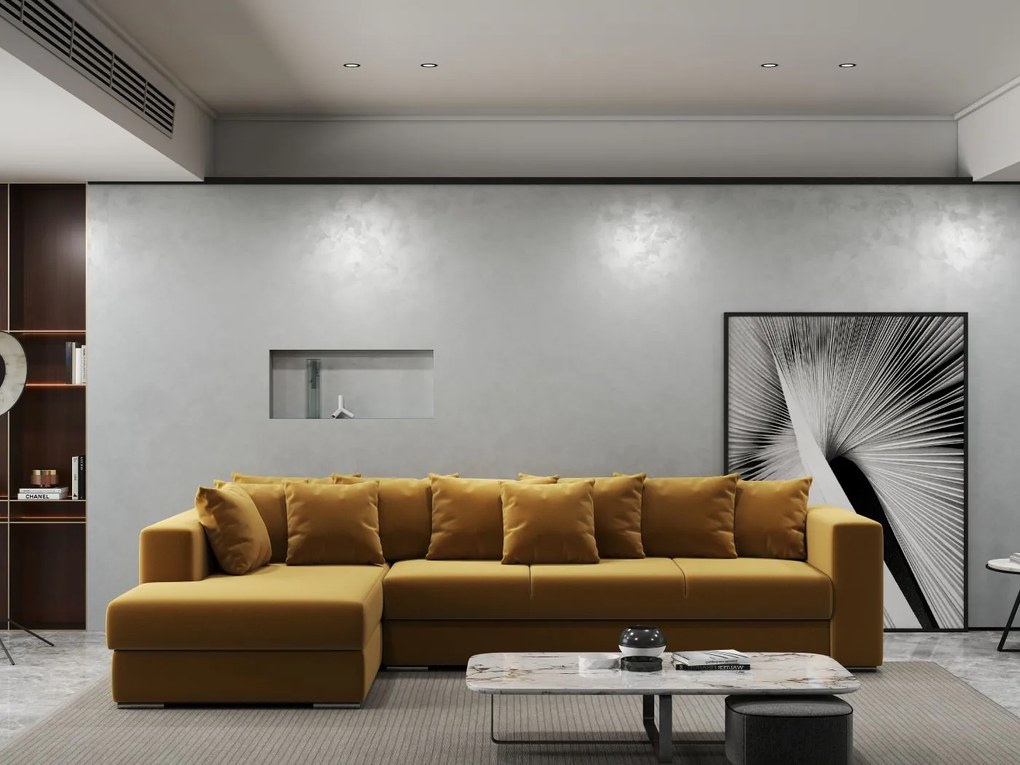 Colțar extensibil dumonde cu ladă de depozitare si sezut confortabil din spuma high-density, Gloria Royal Mustar 320x183 cm