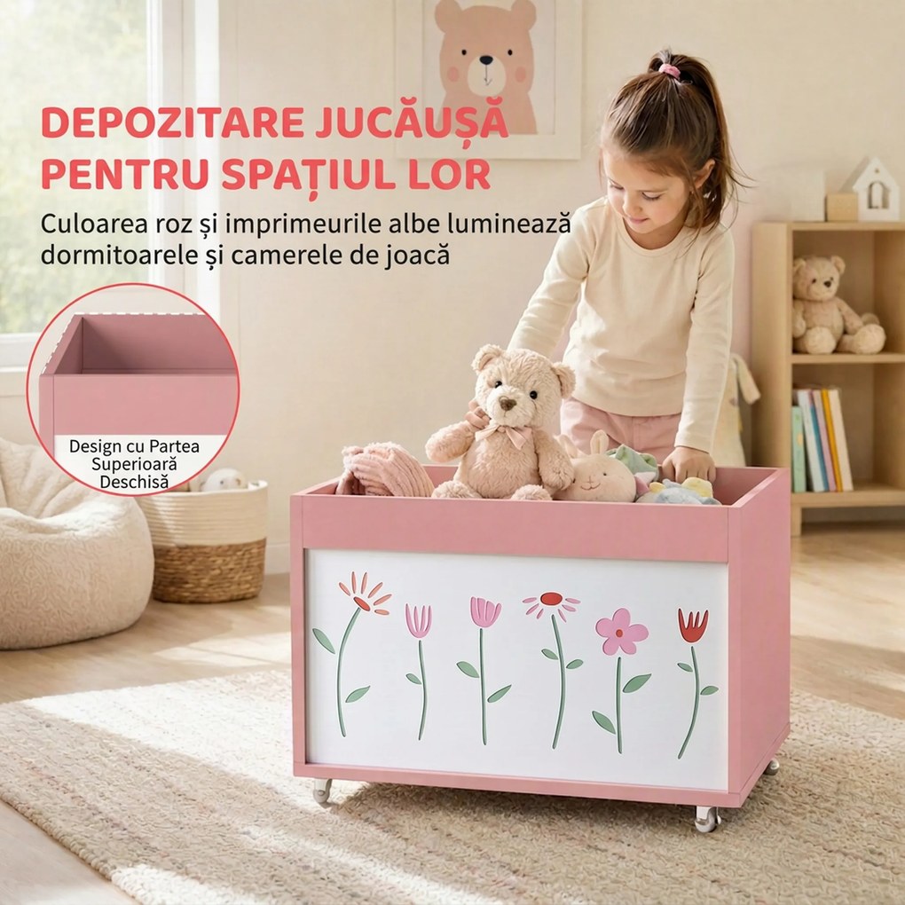AIYAPLAY Cufăr pentru jucării copii 3-8 ani cu roți, 34,5 L, 15 kg, 50 x 30 x 33,5 cm, pentru dormitor, roz | Aosom Romania
