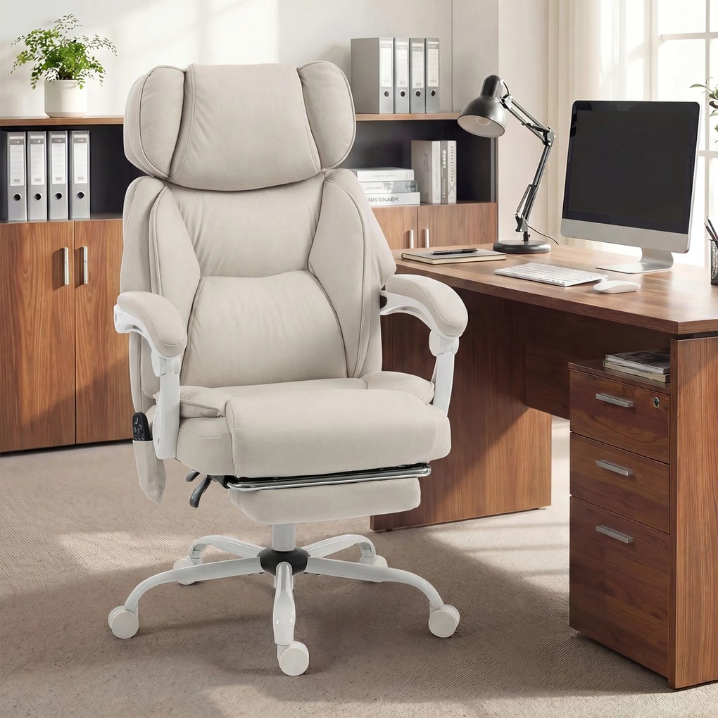 HOMCOM Scaun de birou cu spătar înalt cu masaj prin vibrații și încălzire, ergonomic, rabatabil, cu suport pentru picioare, alb crem | Aosom Romania