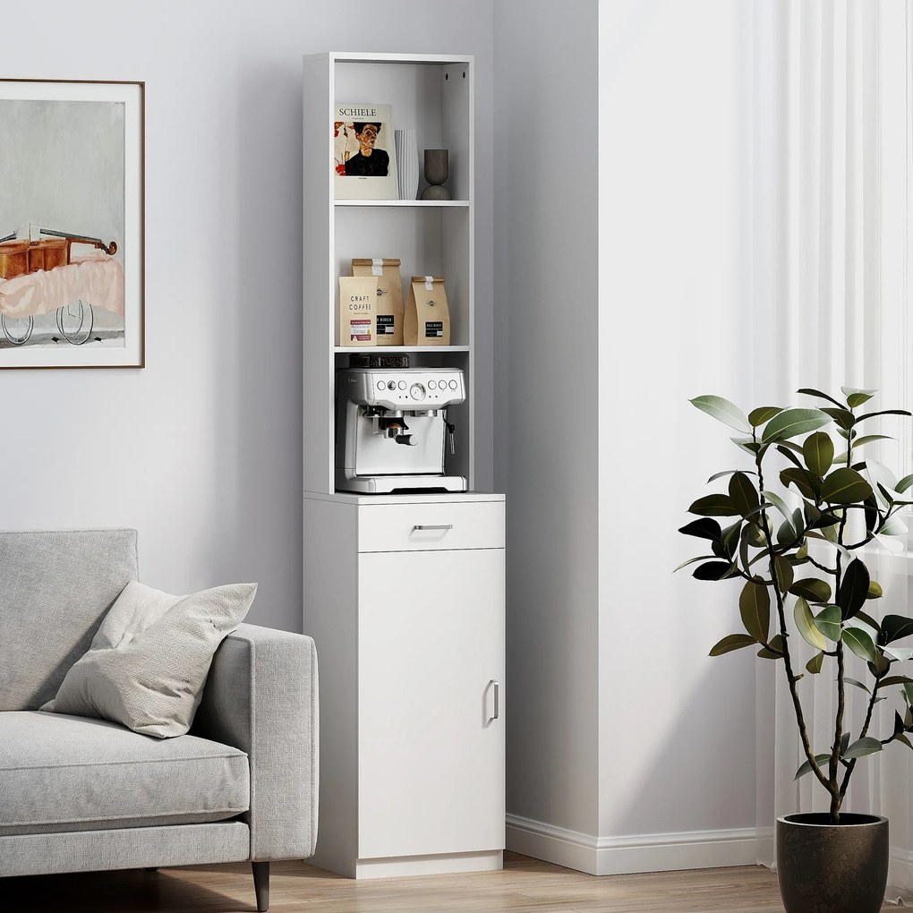 HOMCOM Dulap înalt pentru baie, design subţire, sertar, rafturi, dulap, placaj, alb | Aosom Romania