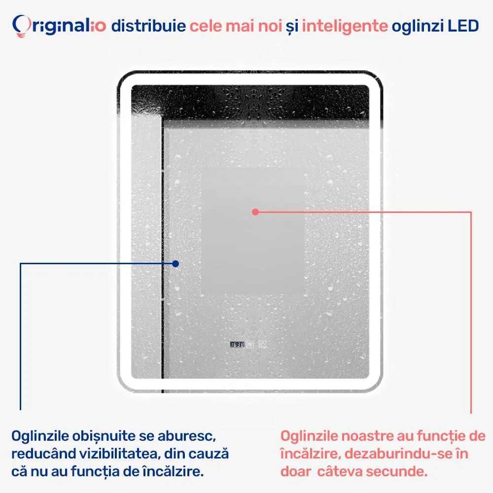 Oglindă LED Dreptunghiulară (75x90 cm), 3 Moduri Iluminare (Lumină Rece, Naturală, Caldă), Intensitate Reglabilă, Funcție Dezaburire, Ceas (Timer) și Termometru, Control Tactil (Touch)