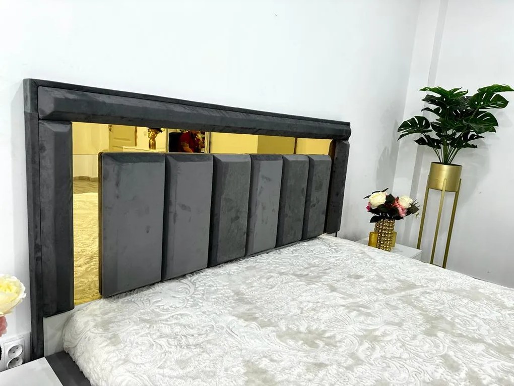 Dormitor complet Napoli, culoare gri / alb, cu pat Napoli 160 x 200 cm, dressing Erika 150 cm, 2 noptiere si comoda Viena