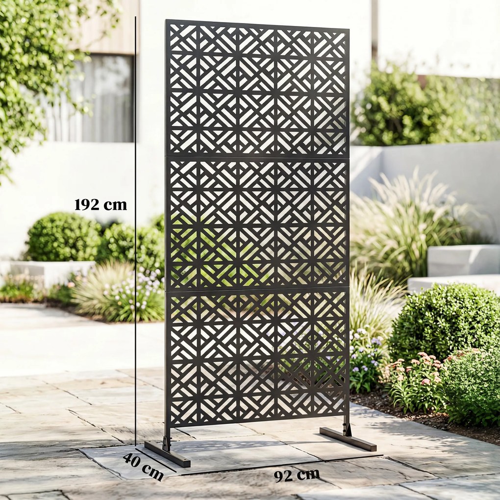 Outsunny Panou despărțitor decorativ pentru intimitate exterior Claustra decorativă pentru grădină 3 panouri cu model geometric Oțel 92x40x192cm Negru | Aosom Romania