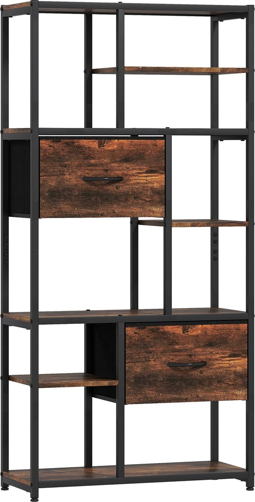 HOMCOM Raft de depozitare, 2 sertare textile, 9 compartimente deschise, raft independent cu cadru din oțel, Maro+Negru | Aosom Romania