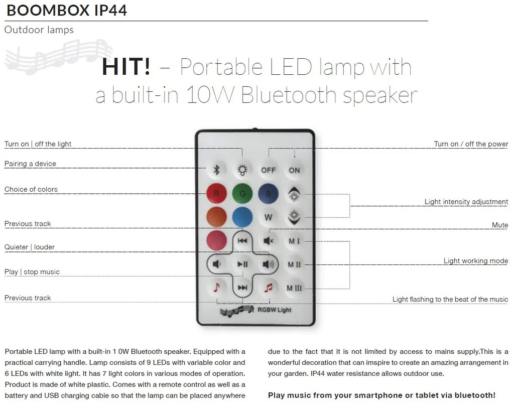 Lampa LED RGB portabila cu speaker si telecomanda IP44 BOOMBOX BUCKET