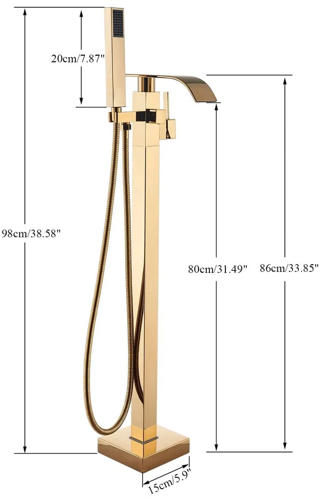 Baterie cada freestanding auriu lucuios, curgere cu efect de cascada