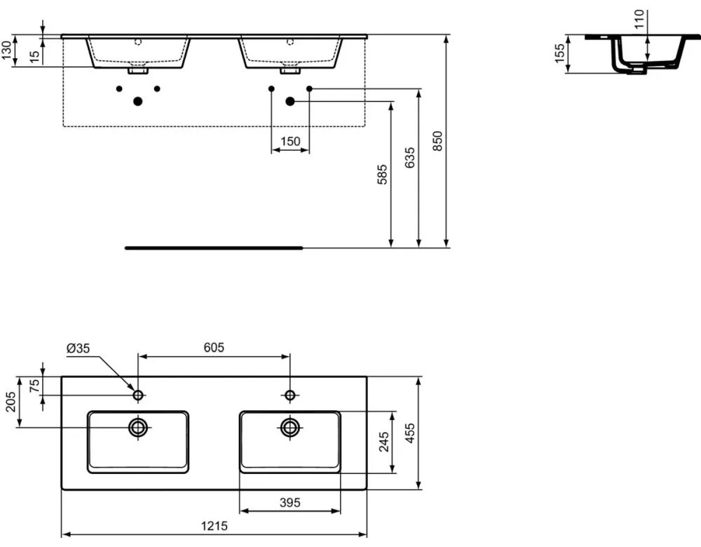 Lavoar dublu incastrat alb 122 cm, dreptunghiular, Ideal Standard Tempo 1215x455 mm