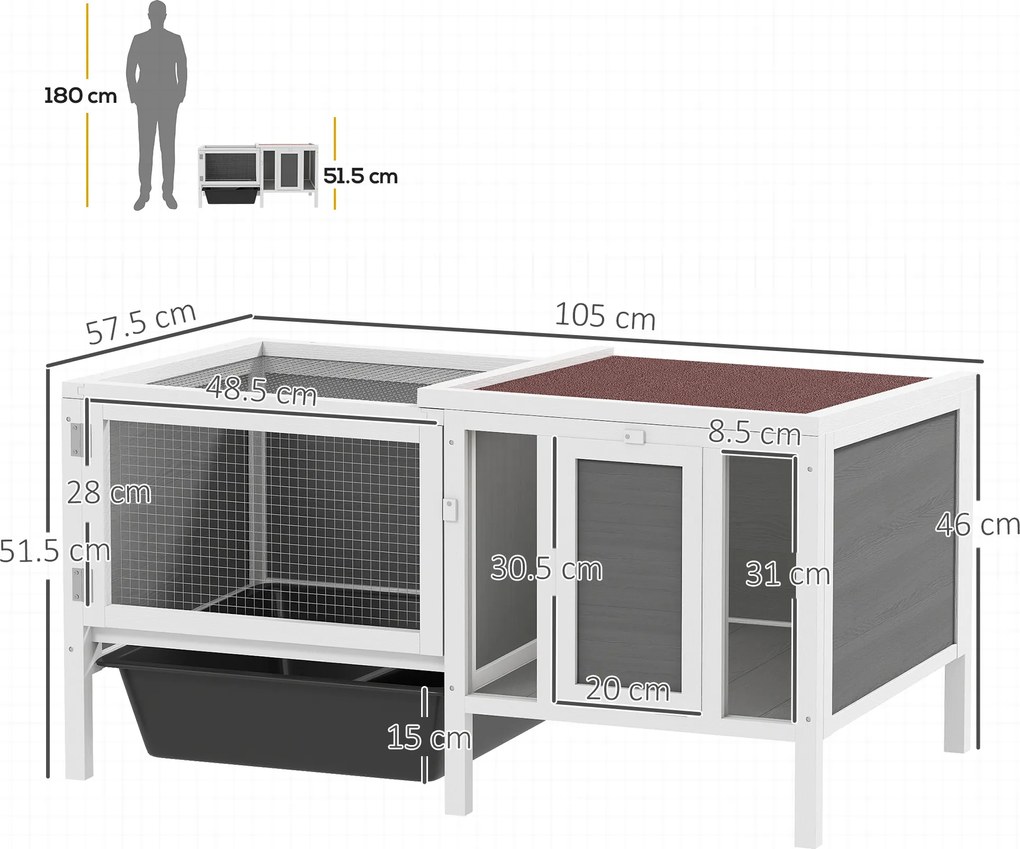 PawHut Conigliera de Exterior cu Casă, Zonă de Alergare și Tavă, Cușcă pentru Iepuri din Lemn de Brad, Metal, PET și Acoperiș din Bitum, 105 x 57.5 x 51.5 cm, Multicolor | Aosom Romania