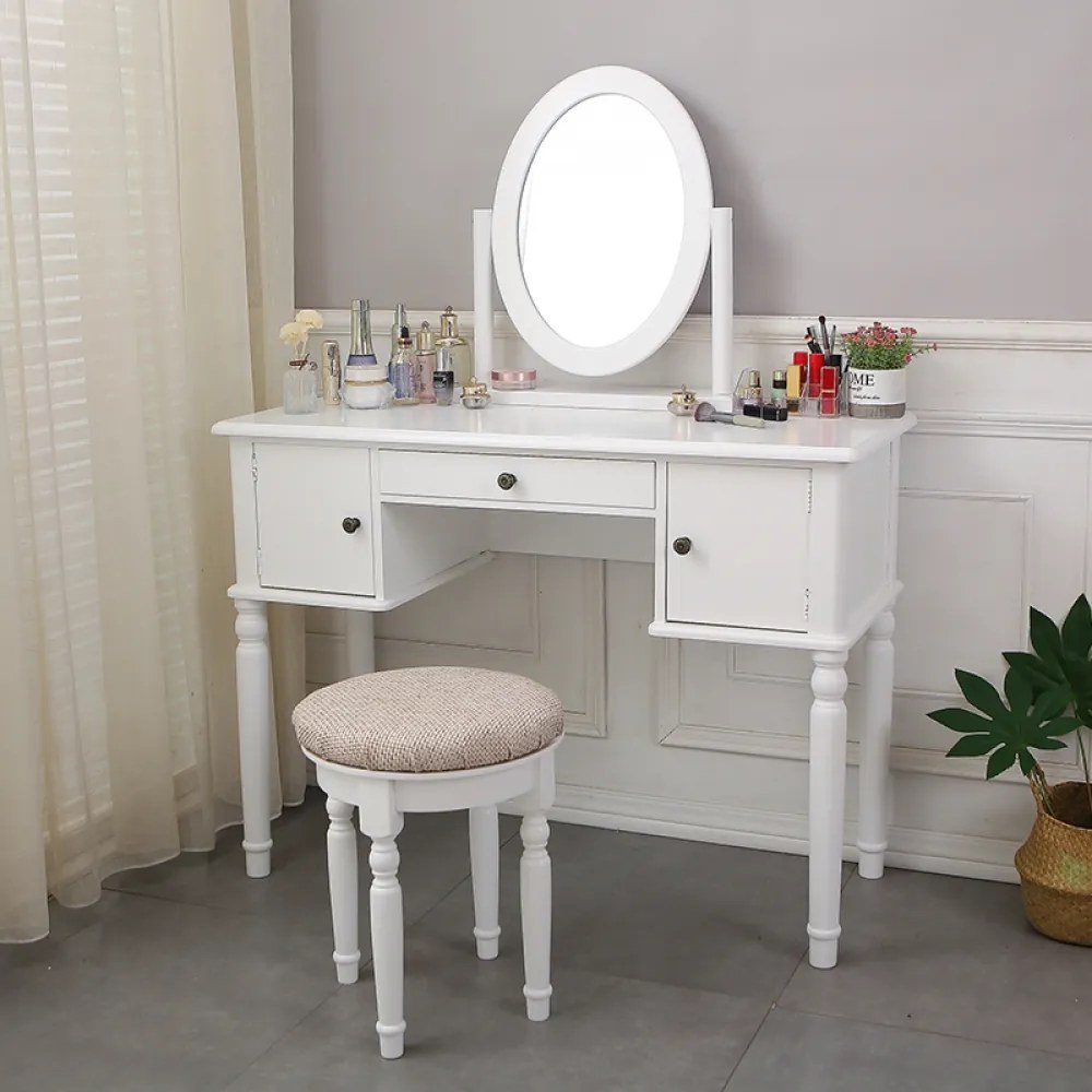 Set Melissa, Masă de toaletă pentru machiaj cu scaun, oglindă și 3 sertare, Alb,