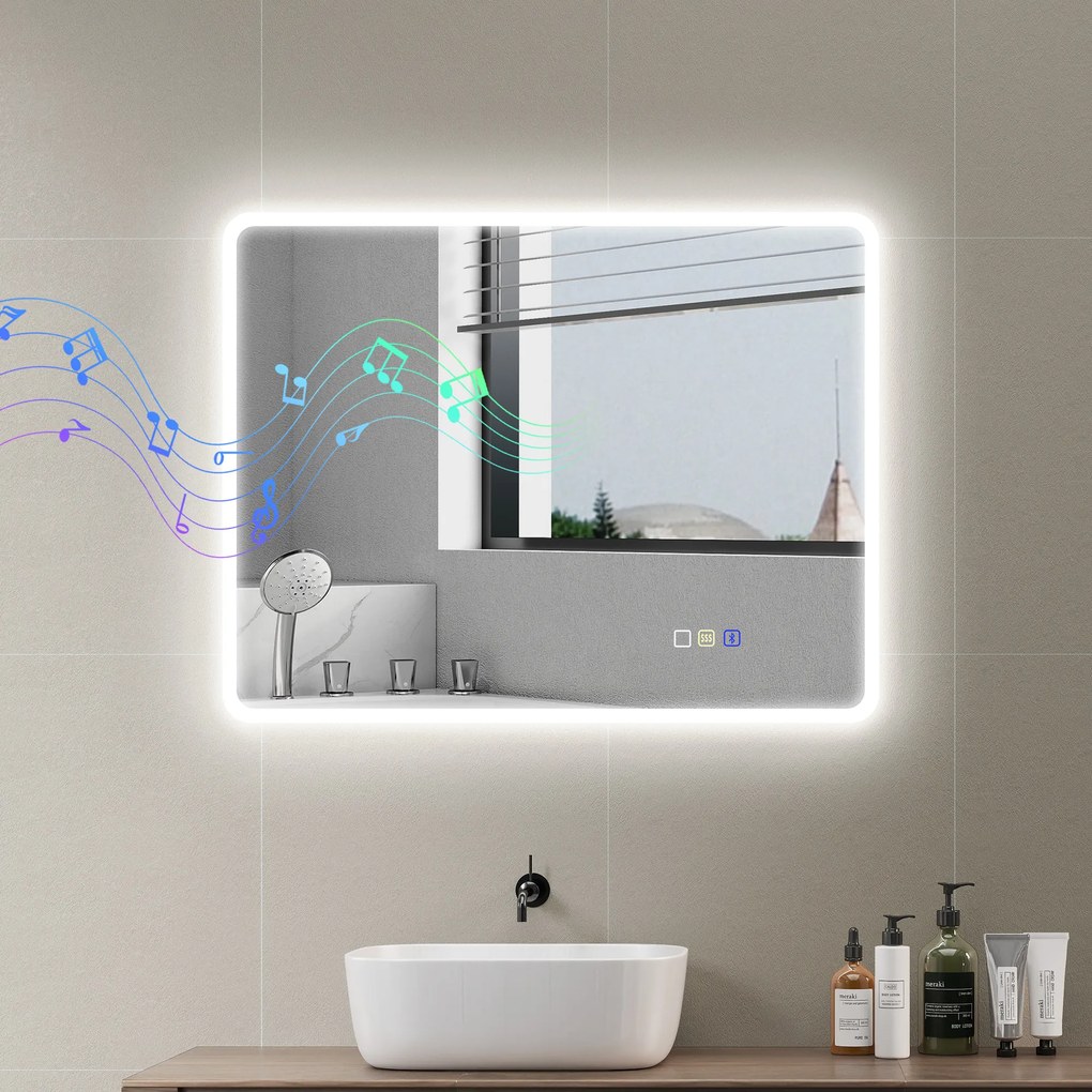 HOMCOM Oglindă de baie LED bluetooth 70 x 90 cm interruptor tactil lumină reglabilă 3 culori anti-abur memorie argintiu | Aosom Romania