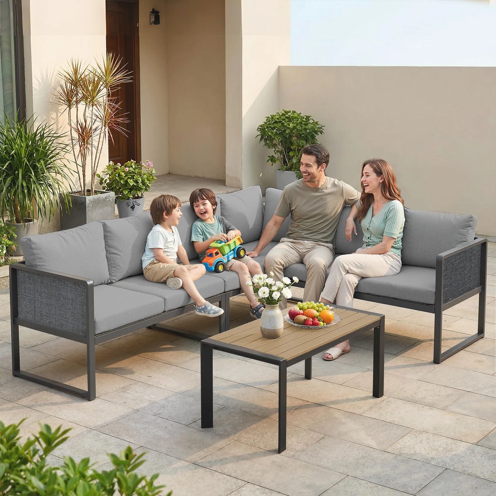 Outsunny Set mobilier de grădină exterior colțar modulabil 6 persoane, canapele, masă de cafea și perne, gri închis | Aosom Romania