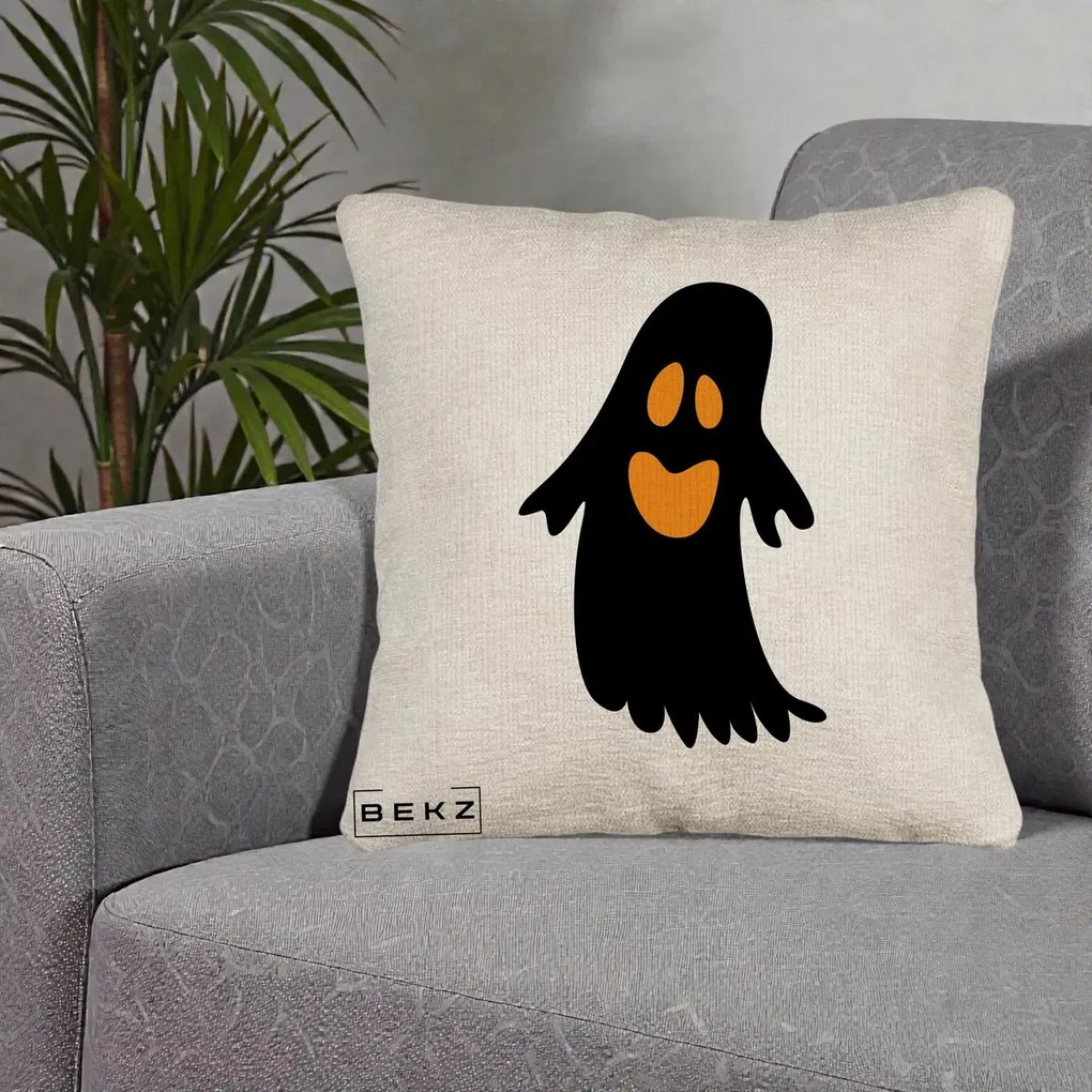 Perna Decorativa Halloween Fantoma Neagra cu Ochi Portocalii, 40x40 cm, Bej Canapea, Husa Detasabila, Perna Inclusa, BEKZ®