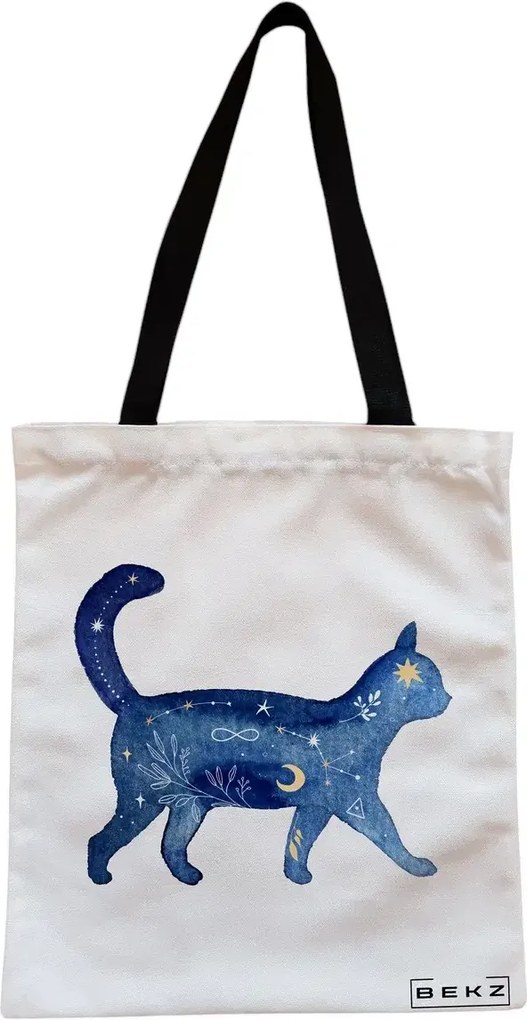 Sacosa de Panza pentru Cumparaturi, Geanta Tote, model Pisica Astrala, Cu fermoar, 38x34.5 cm, Alba, BEKZ®