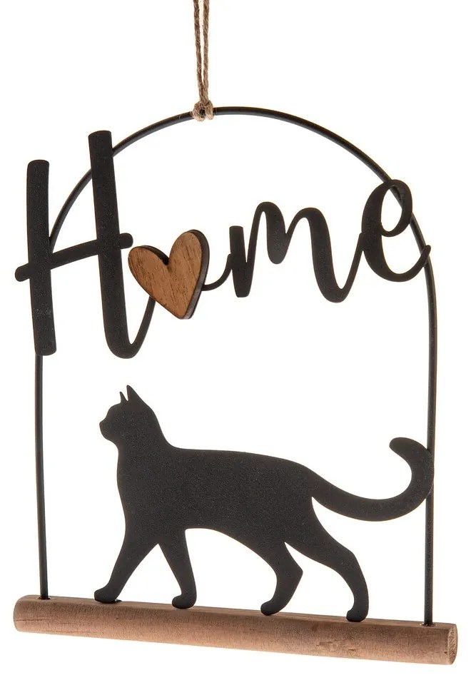Decorațiune metalică suspendată pe suport din lemnPisică, 16 x 18 cm