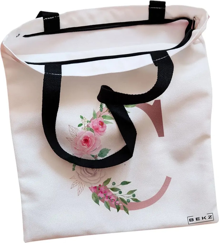 Sacosa de Panza pentru Cumparaturi, Geanta Tote, Cu litera C Rose Gold si Trandafiri, Cu fermoar, 38x34.5 cm, Alba, BEKZ®