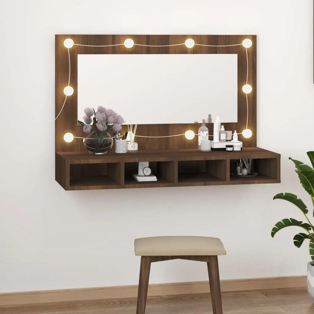 Dulap cu oglinda si LED, stejar maro, 90x31,5x62 cm Stejar brun