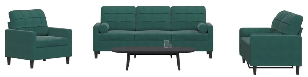 3278373 vidaXL Set canapele cu perne/rulouri, 3 piese, verde închis, catifea