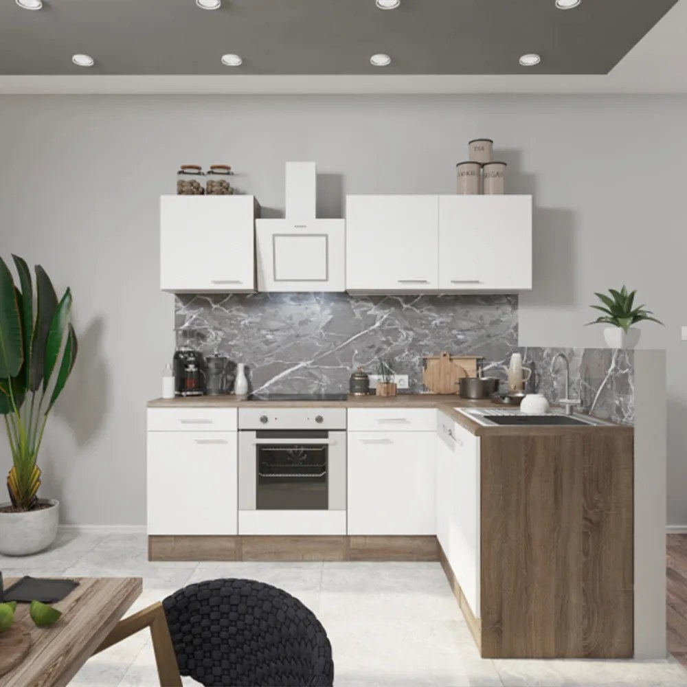 Mobilă de bucătărie de colț Yorki 220, corp din stejar Yorki, față alb satinat cu element inferior al cuptorului