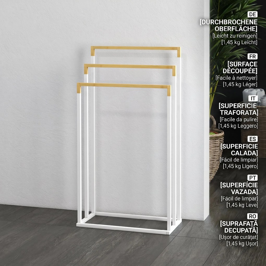 kleankin Suport pentru Prosoape din Bambus și Oțel cu Design Independent, 45x22.5x86 cm, Alb | Aosom Romania