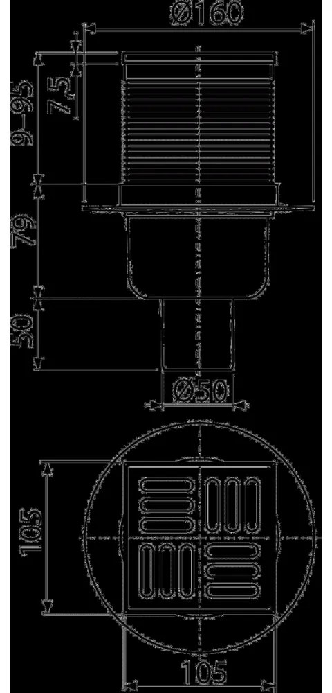 Sifon pardoseala cu gratar otel inoxidabil crom lucios, 105x105 mm iesire verticala Alcadrain APV32 Crom lucios