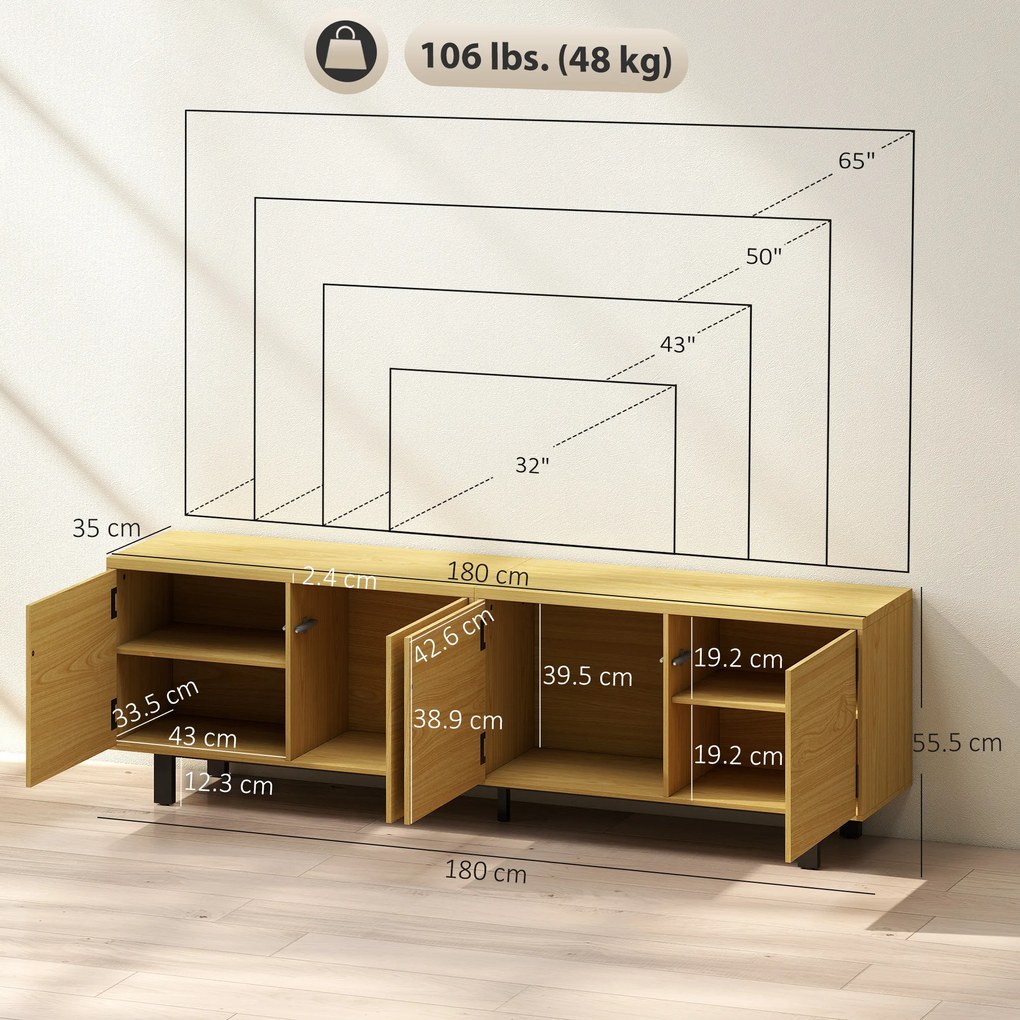 HOMCOM Comodă TV 180 cm, pentru televizoare de 208,3 cm, cu 4 uși cu deschidere prin apăsare 180x35x55,5cm lemn natural | Aosom Romania