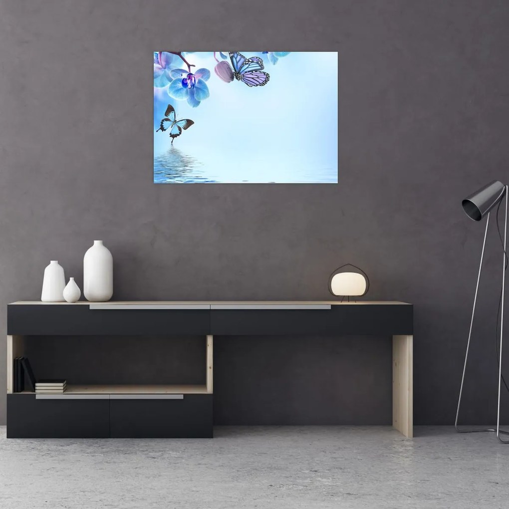 Tablou - Fluture pe flori de orhidee, albastru (70x50 cm)