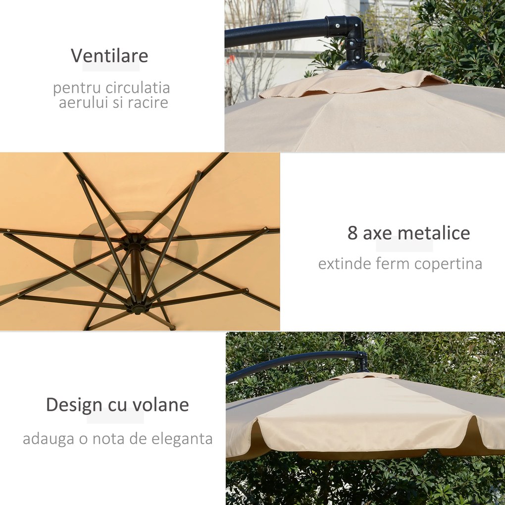 Outsunny Umbrelă de Soare pentru Grădină cu Braț Lateral din Metal, Baldachin Ajustabil, Φ265x265cm, Maro Deschis | Aosom Romania