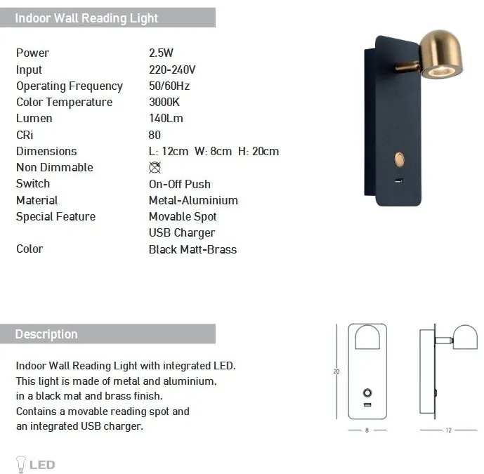 Aplica cu spot LED directionabil, USB Charger Bran negru/alama