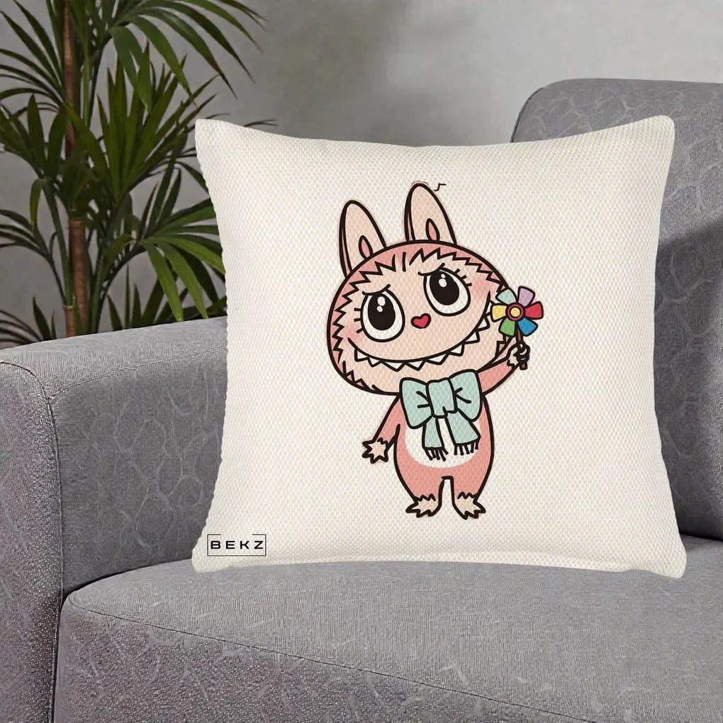 Perna Personalizata Labubu Roz cu Morisca, 40x40 cm, Crem Reliefat, Husa Detasabila, Perna Inclusa, BEKZ®