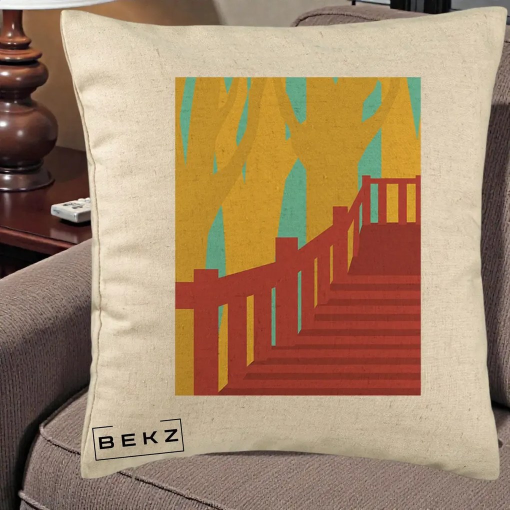 Perna Decorativa Scari Toamna Peisaj Grafic, 40x40 cm, Bej, Husa Detasabila, Perna Inclusa, BEKZ®