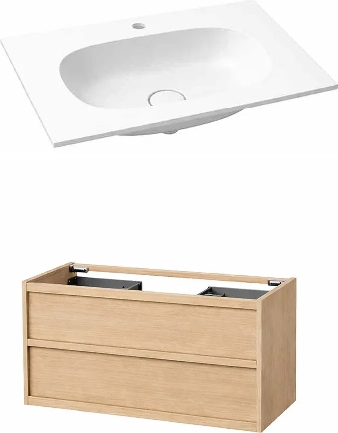 Set dulap baza suspendat KolpaSan Storia 2 sertare 100 cm finisaj acacia cu lavoar compozit Kerrock alb