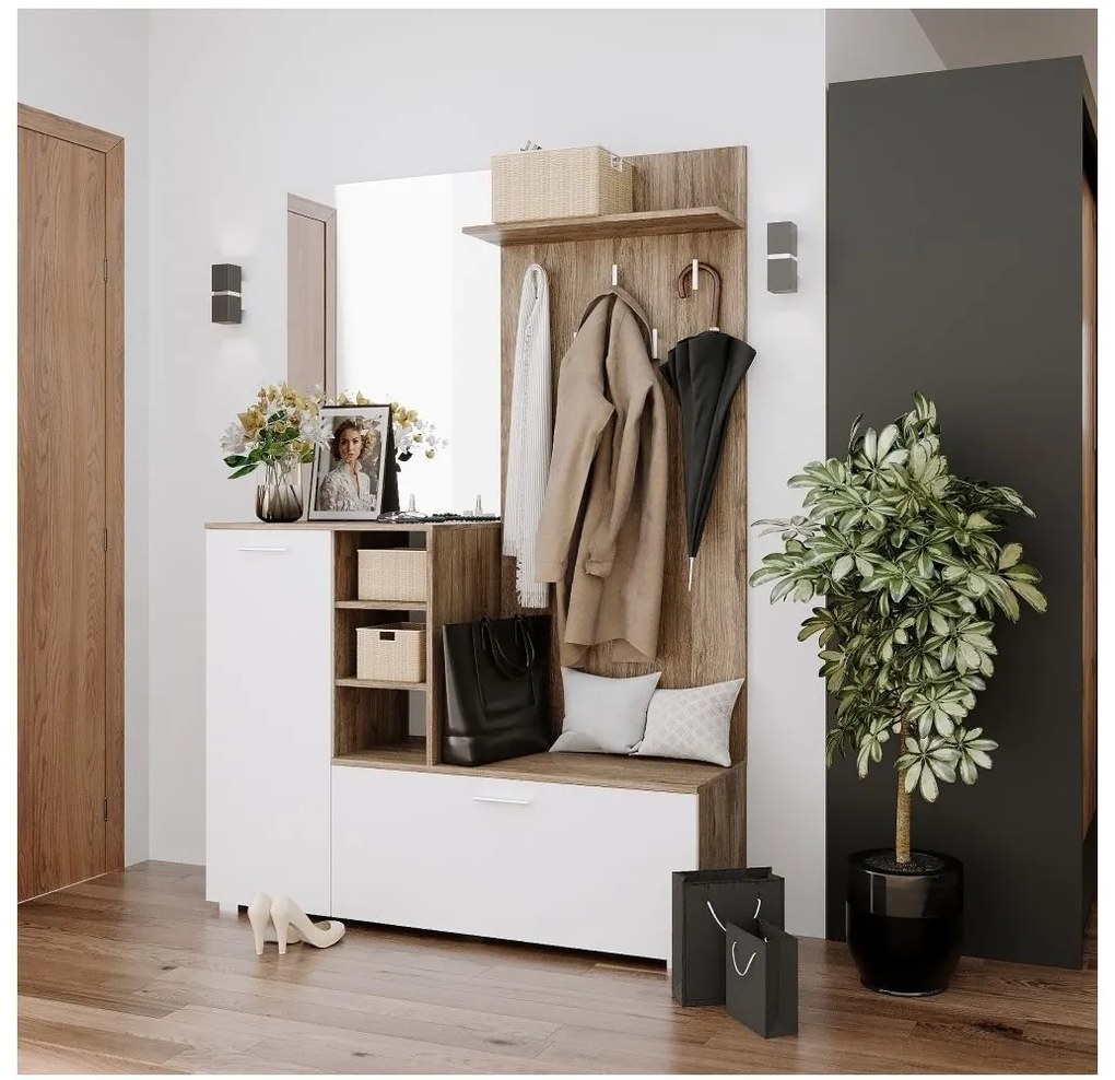 Set mobilier pentru hol VETLANDI (stejar ansberg + alb). 1091601