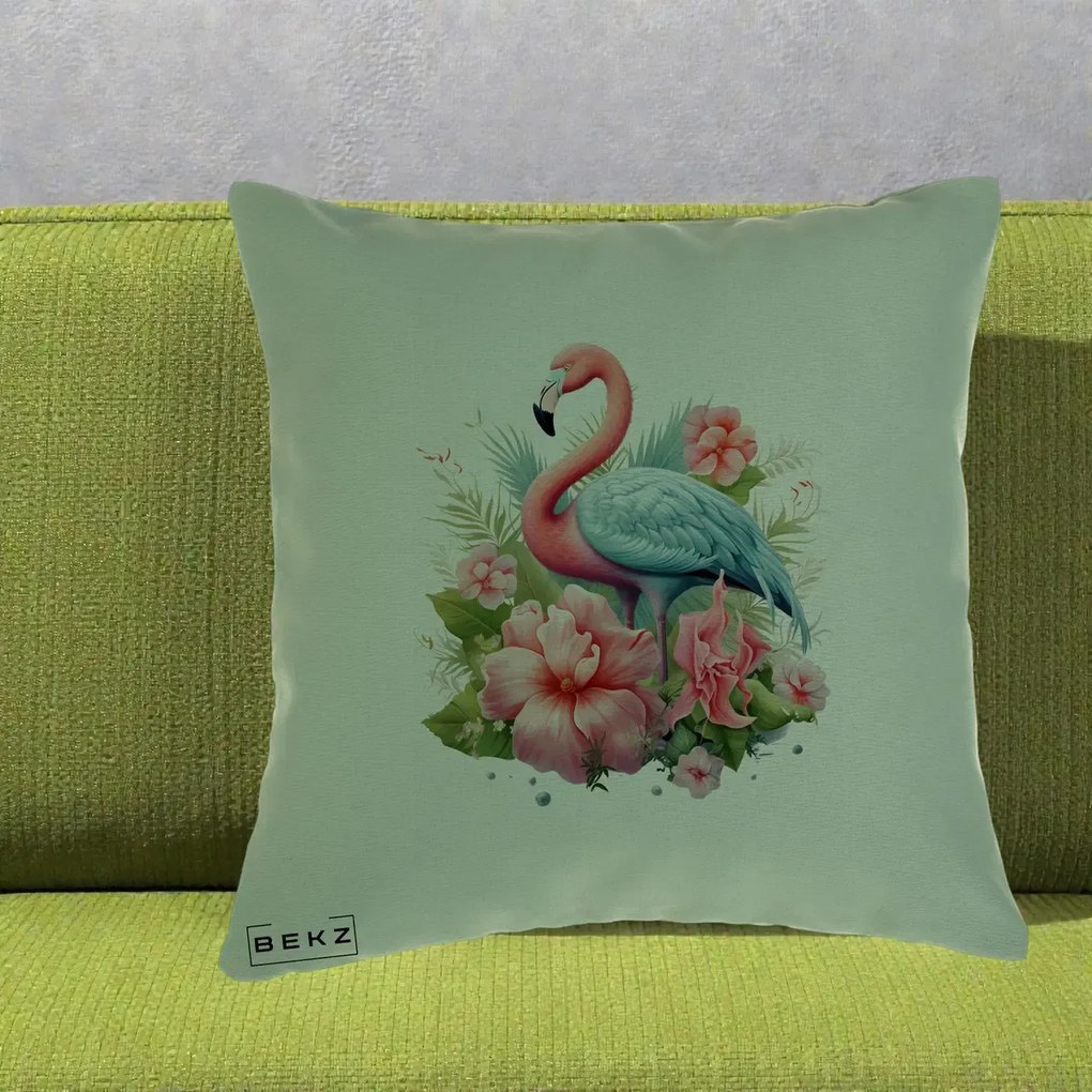 Perna Decorativa Flamingo cu Hibiscus Tropical, 40x40 cm, Verde, Husa Detasabila, Perna Inclusa, BEKZ®