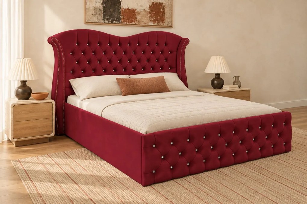 Pat tapițat Chesterfield Avella 180×200 cm, vișiniu, cu ladă de depozitare