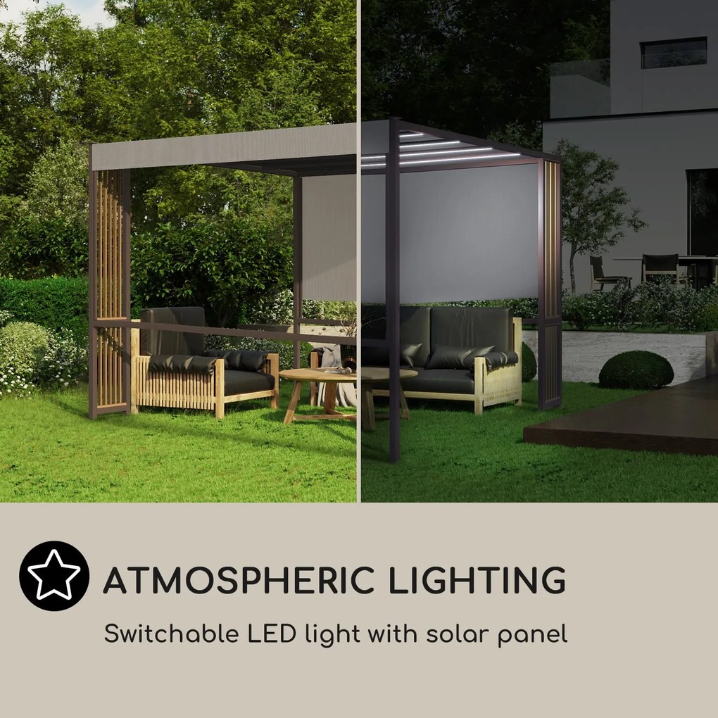 Blumfeldt Valence, foișor, 3 x 3 m, UV50+, hidrofug, iluminare solară LED, panou solar