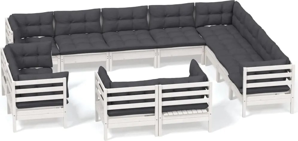 vidaXL Set mobilier grădină cu perne, 12 piese, alb, lemn masiv pin