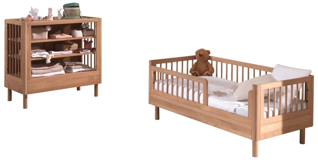 Set Camera Bebelusului Forrest Oak, Pat Bebelus 70x140 cm și Masă de Înfășat, din Lemn Masiv de Stejar, Natur – Vipack