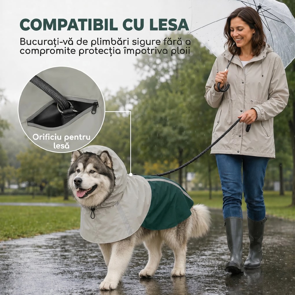 PawHut Impermeabil pentru Câini de Talie Foarte Mare, cu Glugă, Orificiu pentru Lesă și Benzi Reflectorizante, Verde | Aosom Romania