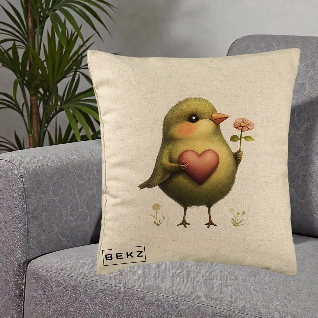 Perna Decorativa Pasare Verde cu Inima si Floare, 40x40 cm, Bej, Husa Detasabila, Perna Inclusa, BEKZ®